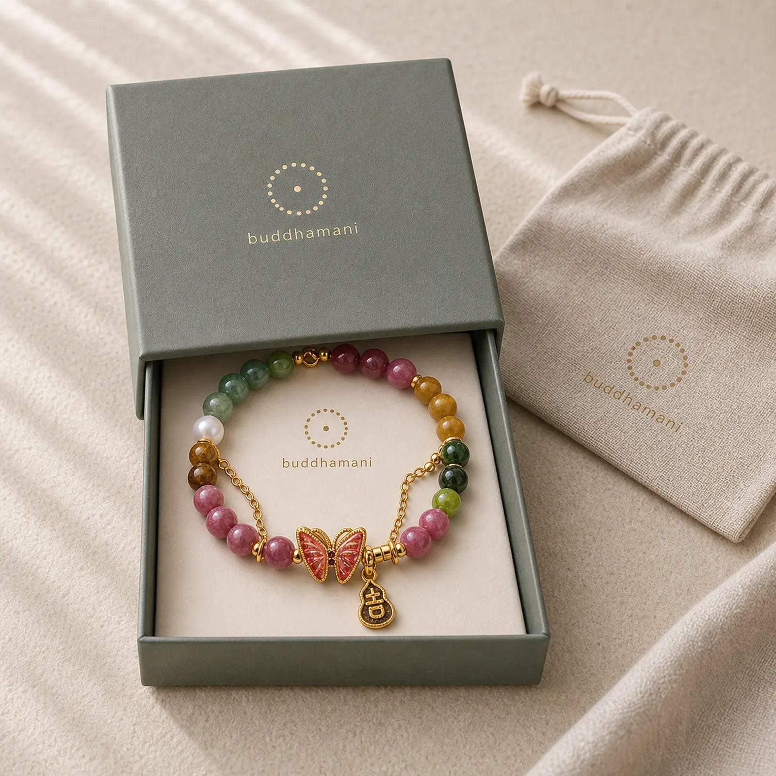 Natural Colorful Tourmaline Butterfly Auspicious Character Gourd Charm Positive Bracelet (Extra 35% Off | USE CODE: FS35) featuring Tourmaline, Butterfly, Feng Shui Butterfly