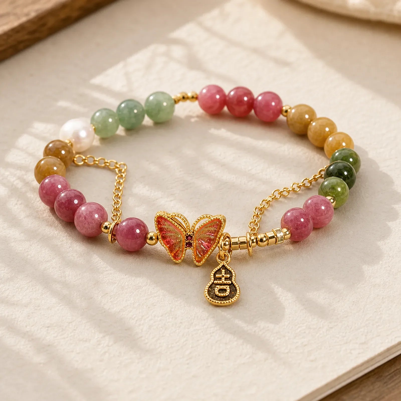 Natural Colorful Tourmaline Butterfly Auspicious Character Gourd Charm Positive Bracelet (Extra 35% Off | USE CODE: FS35) featuring Tourmaline, Butterfly, Feng Shui Butterfly