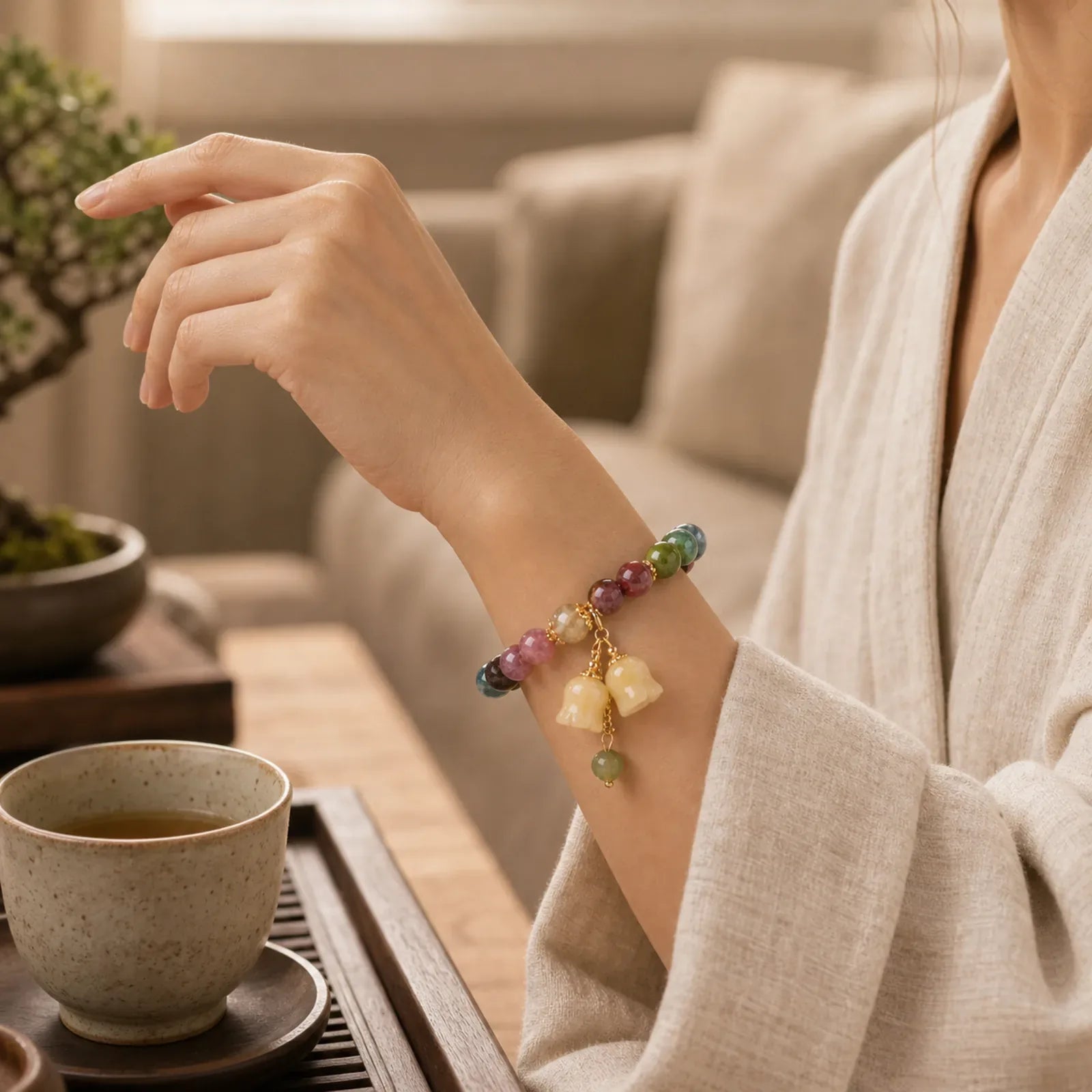 Natural Colorful Tourmaline Flower Bead Love Bracelet featuring Tourmaline