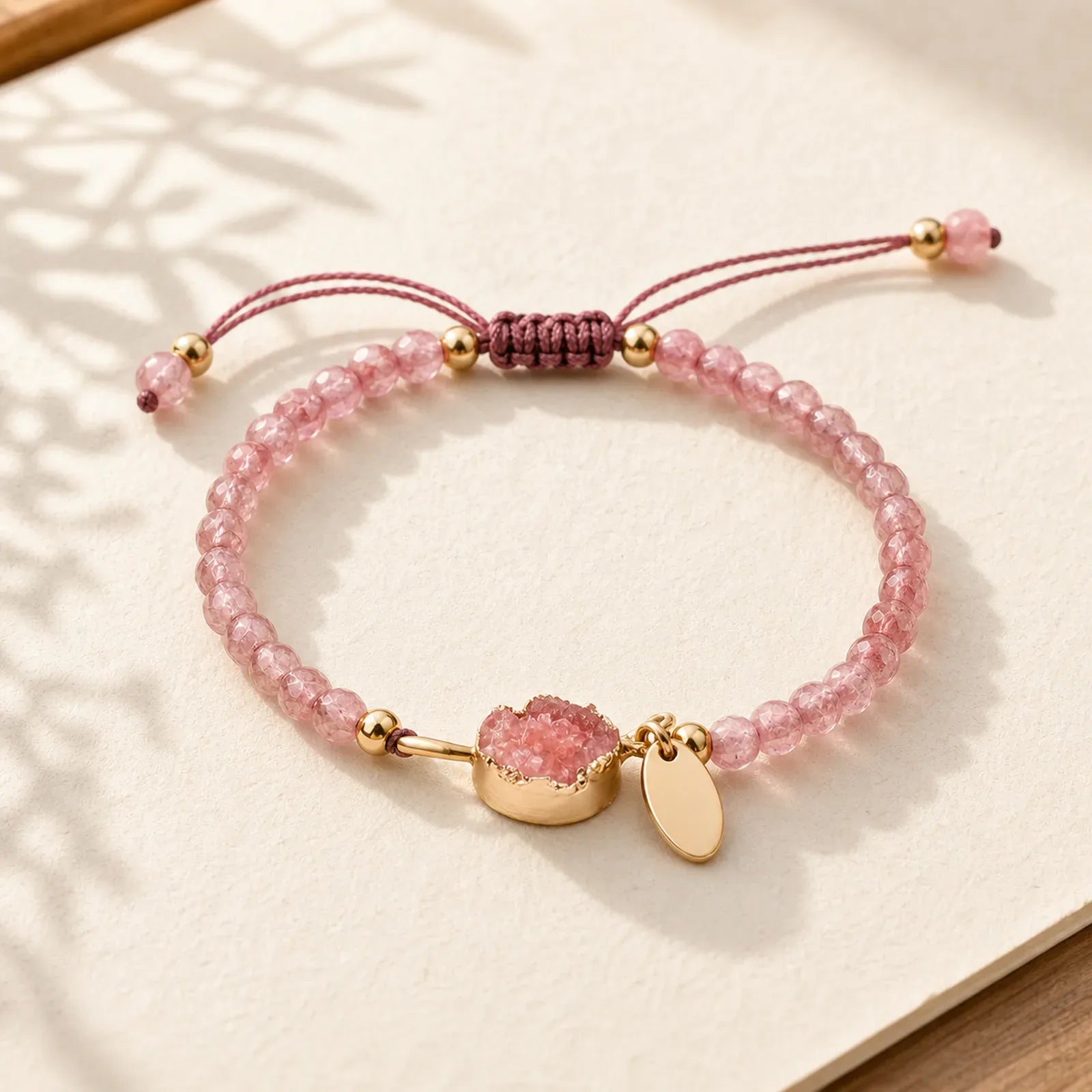 Natural Crystal Charm Lucky Healing Bracelet featuring Strawberry Quartz, Amethyst, Green Aventurine
