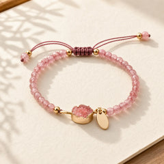 Natural Crystal Charm Lucky Healing Bracelet featuring Strawberry Quartz, Amethyst, Green Aventurine
