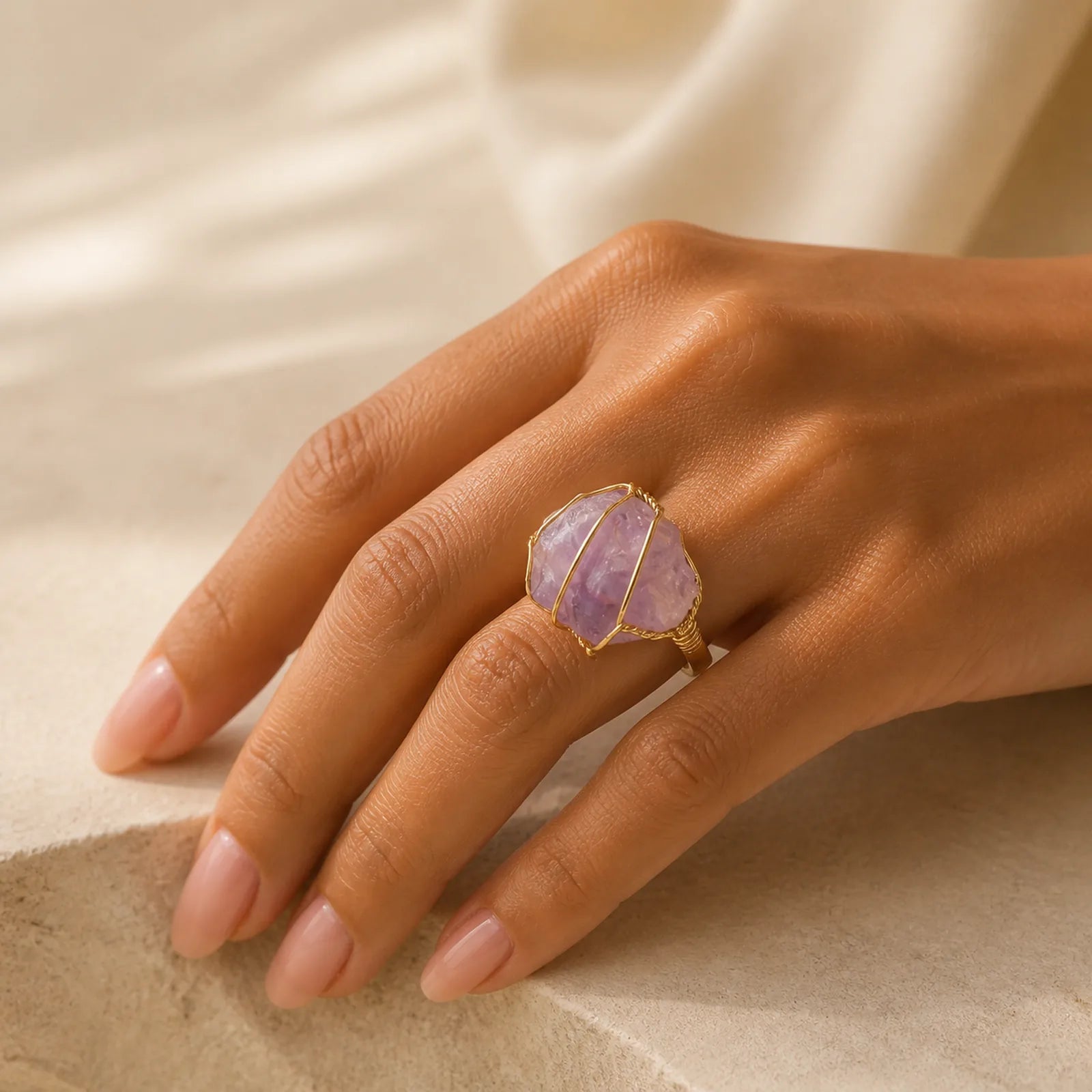 Natural Crystal Gemstone Amethyst Adjustable Ring featuring Amethyst, Fluorite, Clear Quartz / White Crystal