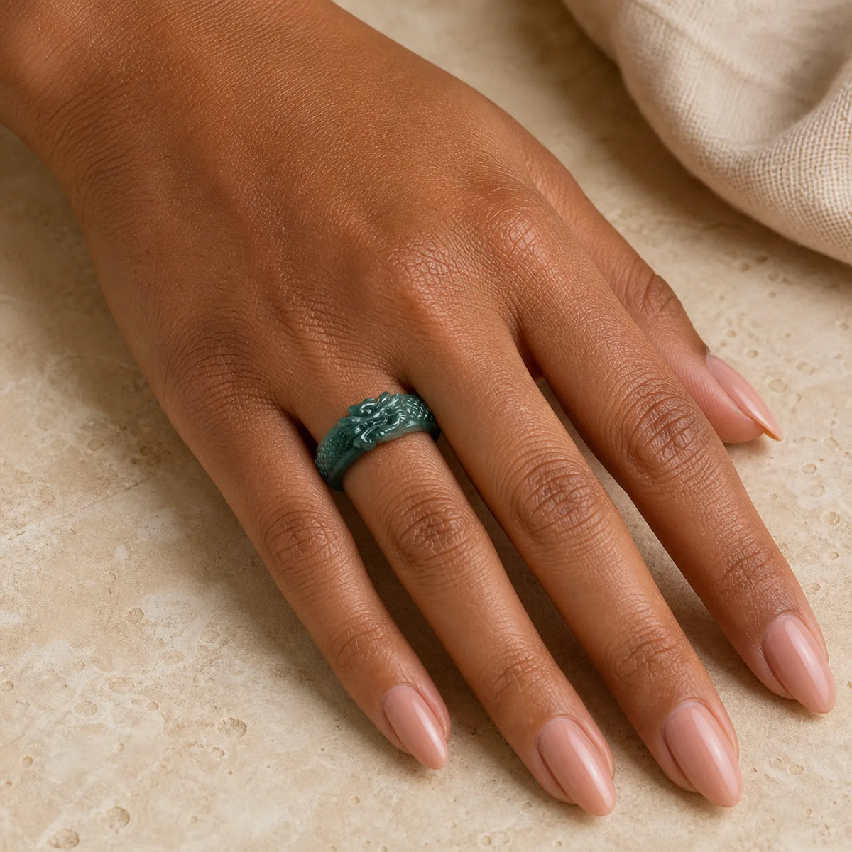 Natural Cyan Jade Dragon Carved Success Ring featuring Cyan Jade, Jade, Dragon