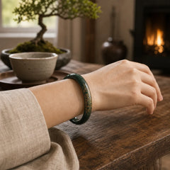 Natural Cyan Jade Lotus Koi Fish Enlightenment Bangle Bracelet featuring Cyan Jade, Jade, Lotus