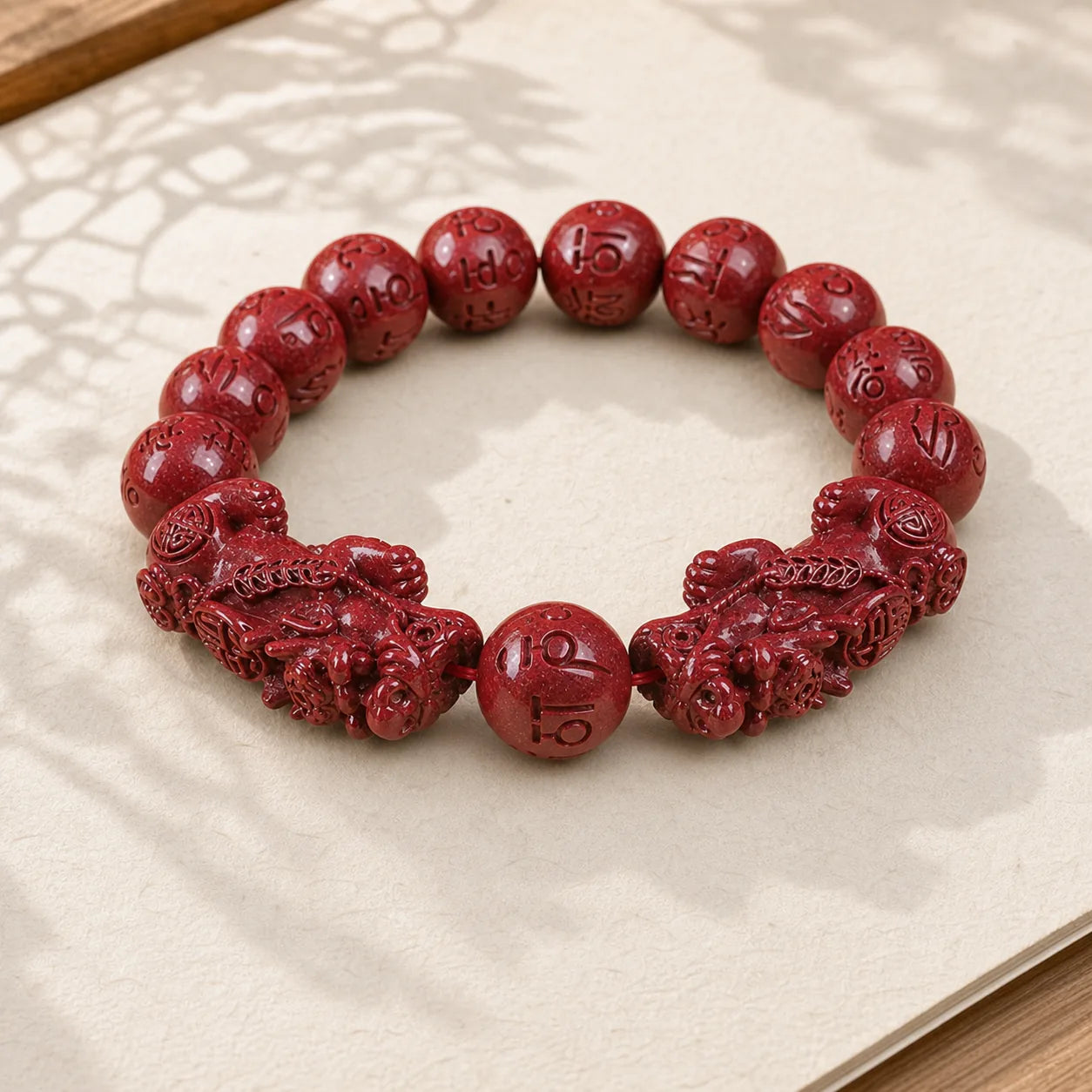 Natural Double PiXiu Cinnabar Om Mani Padme Hum Wealth Luck Bead Bracelet featuring Pixiu, Cinnabar, Om Mani Padme Hum