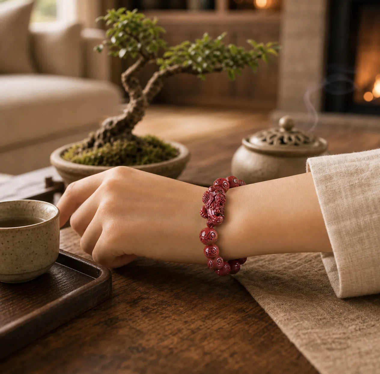 Natural Double PiXiu Cinnabar Om Mani Padme Hum Wealth Luck Bead Bracelet featuring Pixiu, Cinnabar, Om Mani Padme Hum