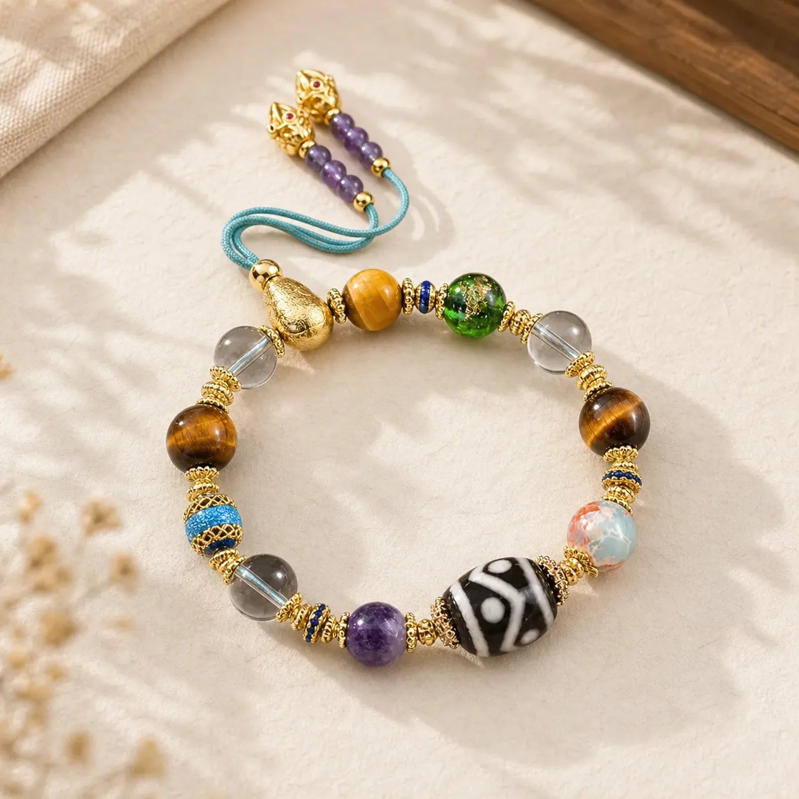 Natural Dzi Beads Amethyst Tiger Eye Bead Health Bracelet featuring Dzi Bead, Amethyst, Tiger Eye
