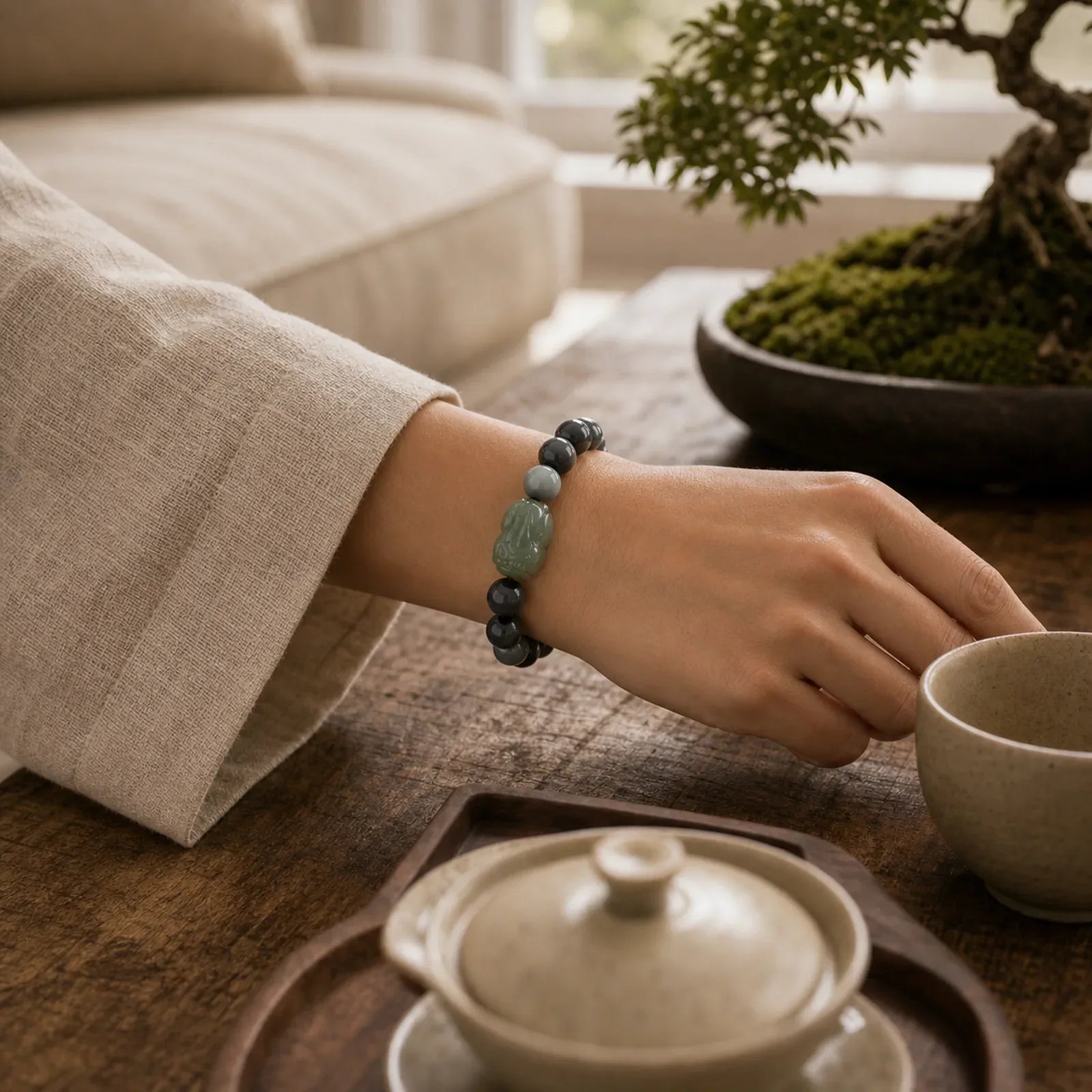 Natural Eagle's Eye Stone Hetian Jade Pixiu Confidence Bracelet featuring Eagle's Eye Stone, Jade, Pixiu