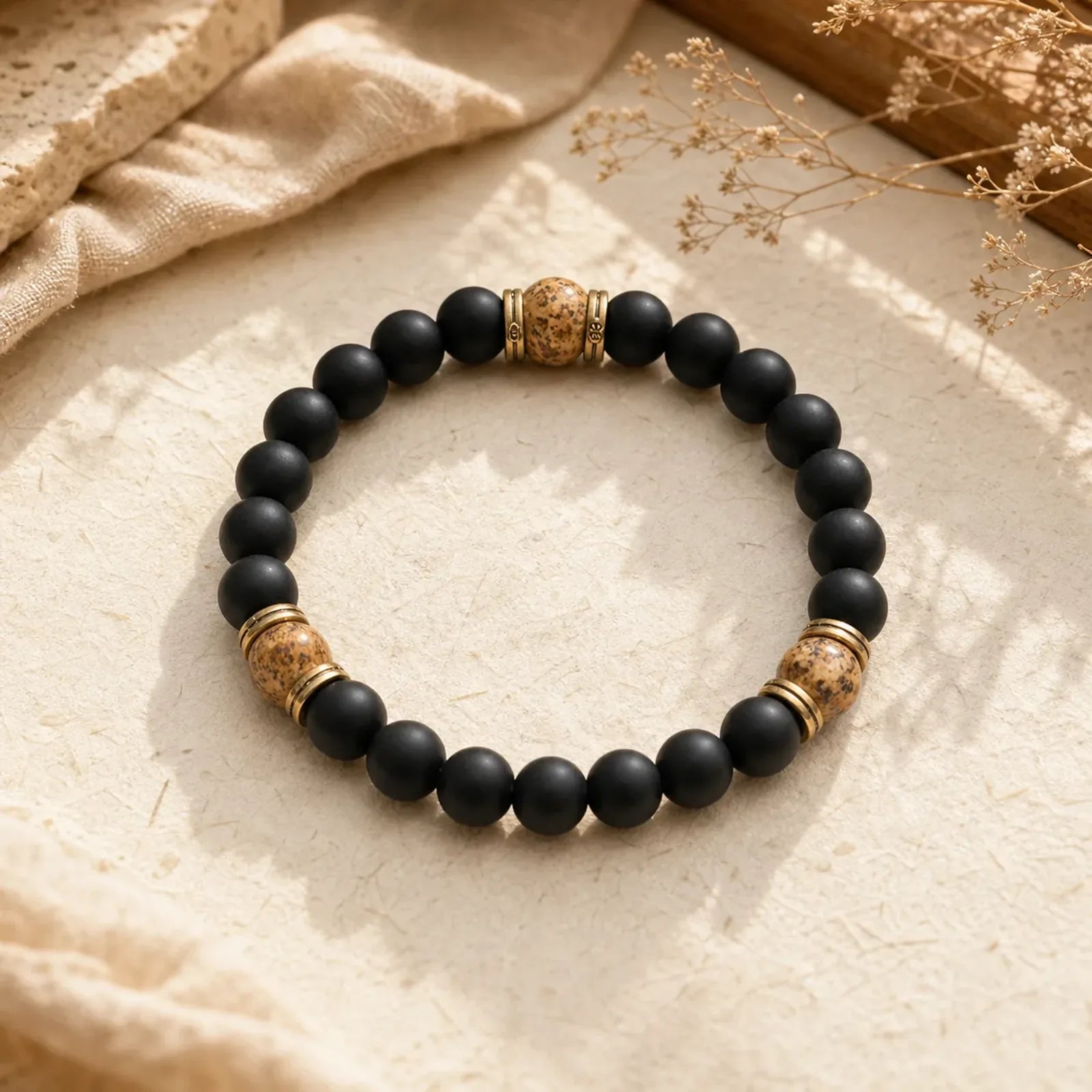 Natural Frosted Black Onyx Picture Jasper Fortune Bracelet featuring Black Onyx, Picture Jasper, Copper