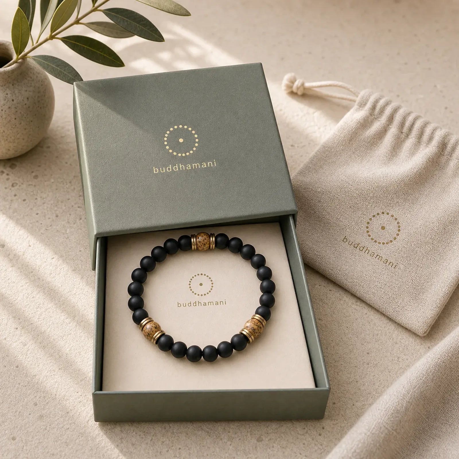 Natural Frosted Black Onyx Picture Jasper Fortune Bracelet featuring Black Onyx, Picture Jasper, Copper