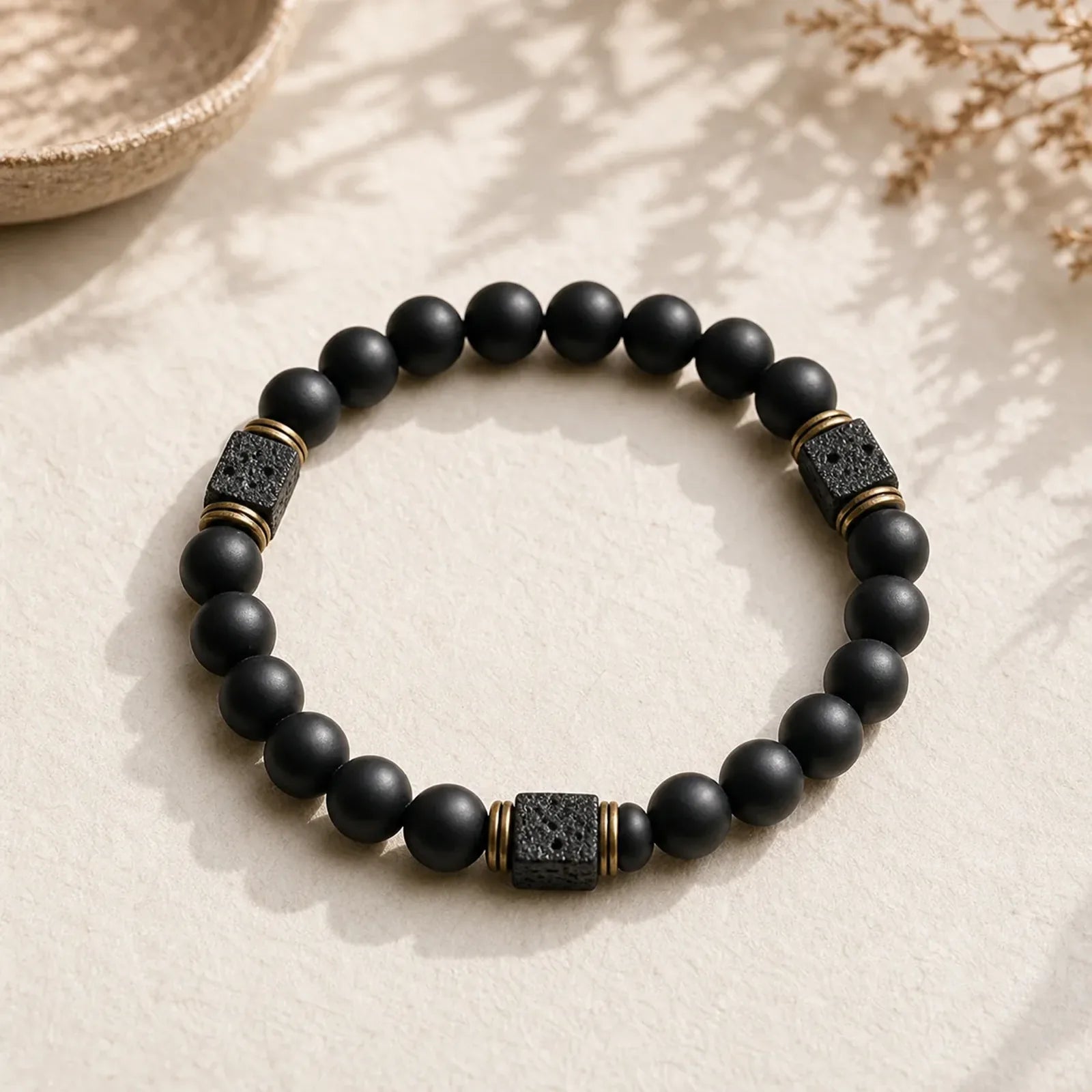 Natural Frosted Black Onyx Square Lava Rock Fortune Bracelet featuring Black Onyx, Lava Rock, Copper