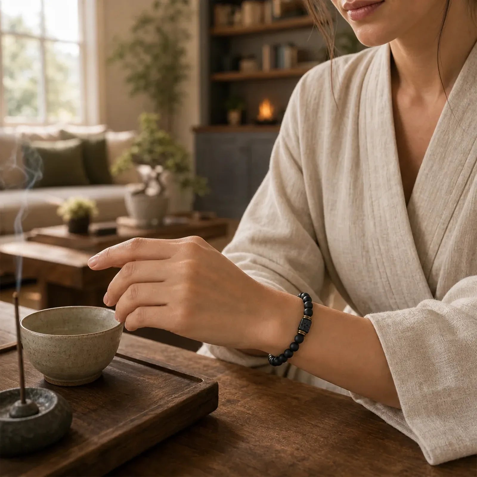 Natural Frosted Black Onyx Square Lava Rock Fortune Bracelet featuring Black Onyx, Lava Rock, Copper