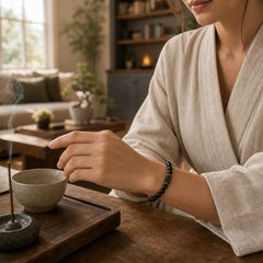 Natural Frosted Black Onyx Square Lava Rock Fortune Bracelet featuring Black Onyx, Lava Rock, Copper