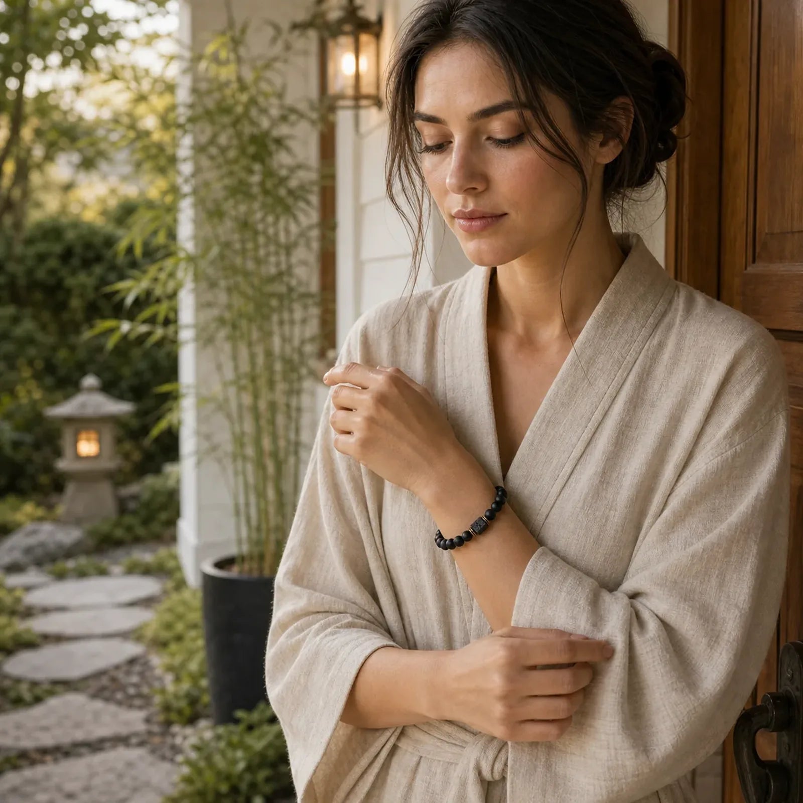 Natural Frosted Black Onyx Square Lava Rock Fortune Bracelet featuring Black Onyx, Lava Rock, Copper