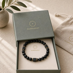 Natural Frosted Black Onyx Square Lava Rock Fortune Bracelet featuring Black Onyx, Lava Rock, Copper