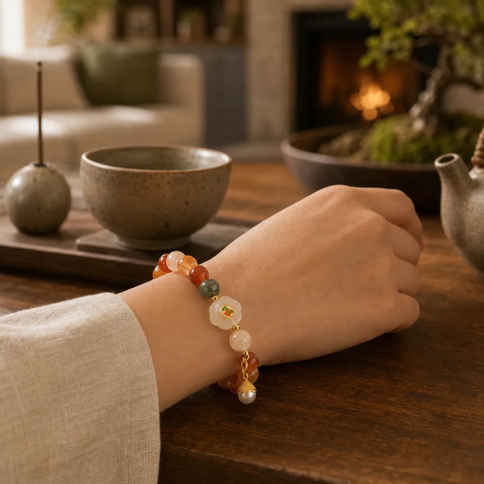 Natural Fu Lu Shou Crystal Hetian White Jade Pearl Luck Bracelet featuring Fu Lu Shou Crystal, White Jade, Jade