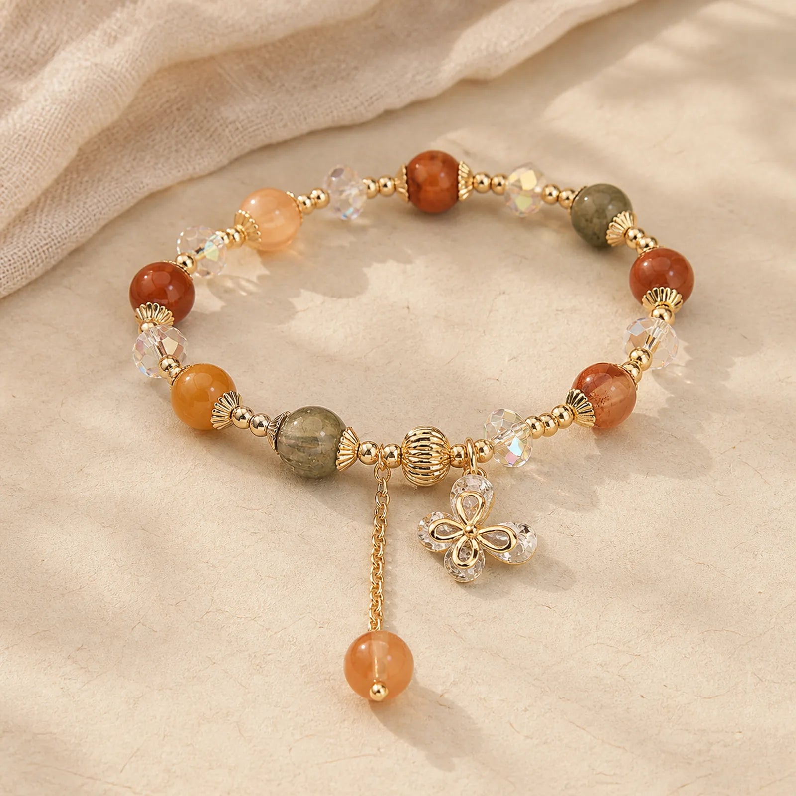 Natural Fu Lu Shou Rainbow Crystal Rutilated Quartz Wealth Butterfly Charm Bracelet featuring Rutilated Quartz, Butterfly, Fu Lu Shou Crystal