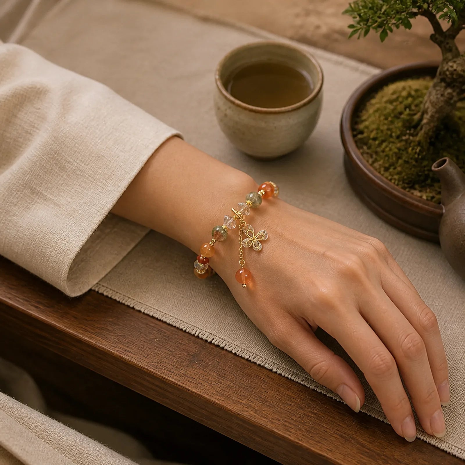 Natural Fu Lu Shou Rainbow Crystal Rutilated Quartz Wealth Butterfly Charm Bracelet featuring Rutilated Quartz, Butterfly, Fu Lu Shou Crystal
