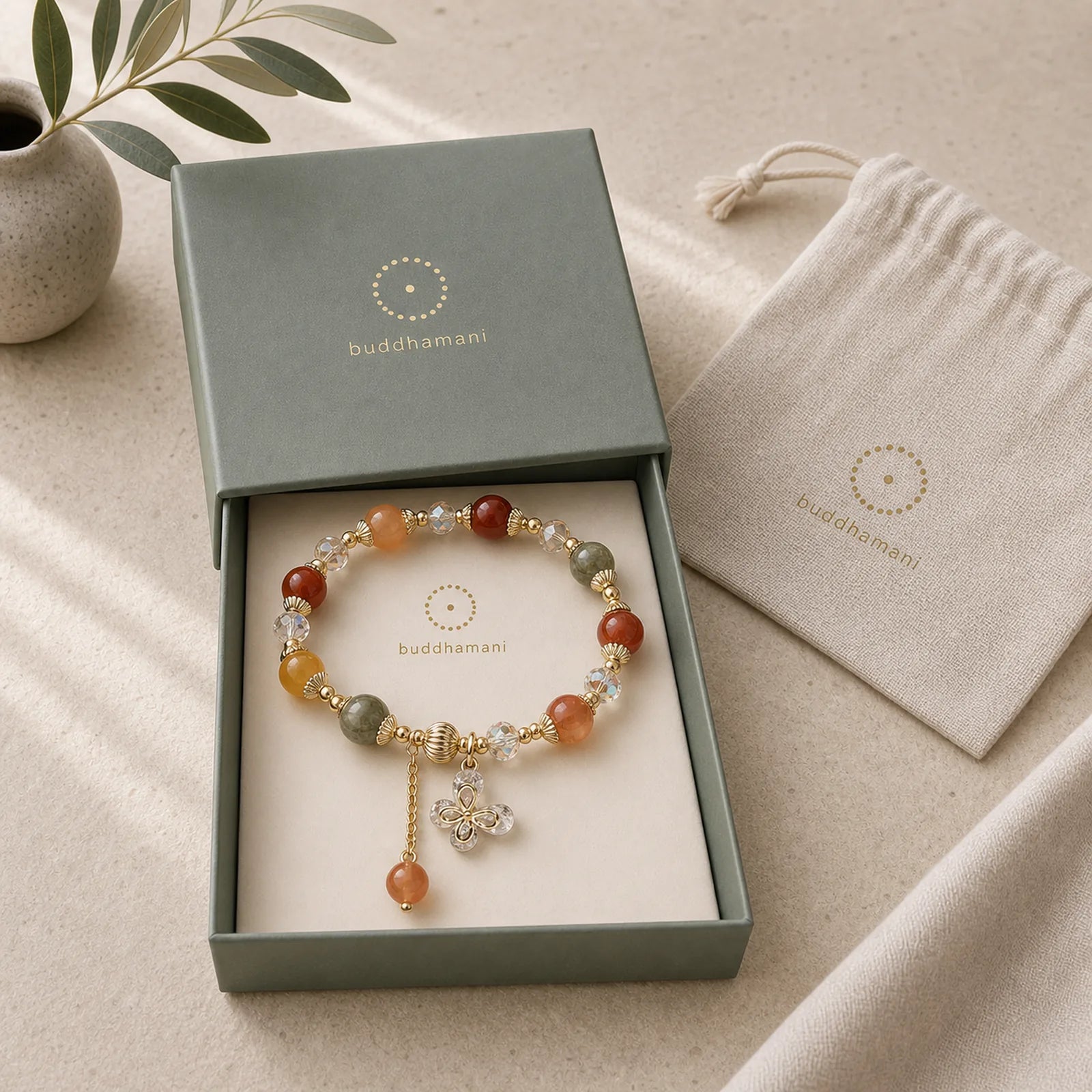 Natural Fu Lu Shou Rainbow Crystal Rutilated Quartz Wealth Butterfly Charm Bracelet featuring Rutilated Quartz, Butterfly, Fu Lu Shou Crystal