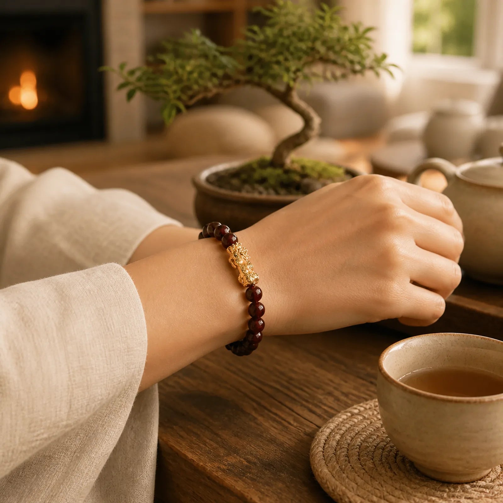 Natural Garnet Beads PiXiu Protection Bracelet featuring Garnet, Pixiu, Copper