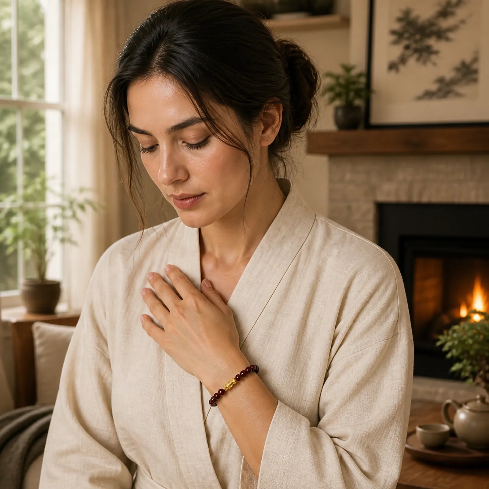 Natural Garnet Beads PiXiu Protection Bracelet featuring Garnet, Pixiu, Copper