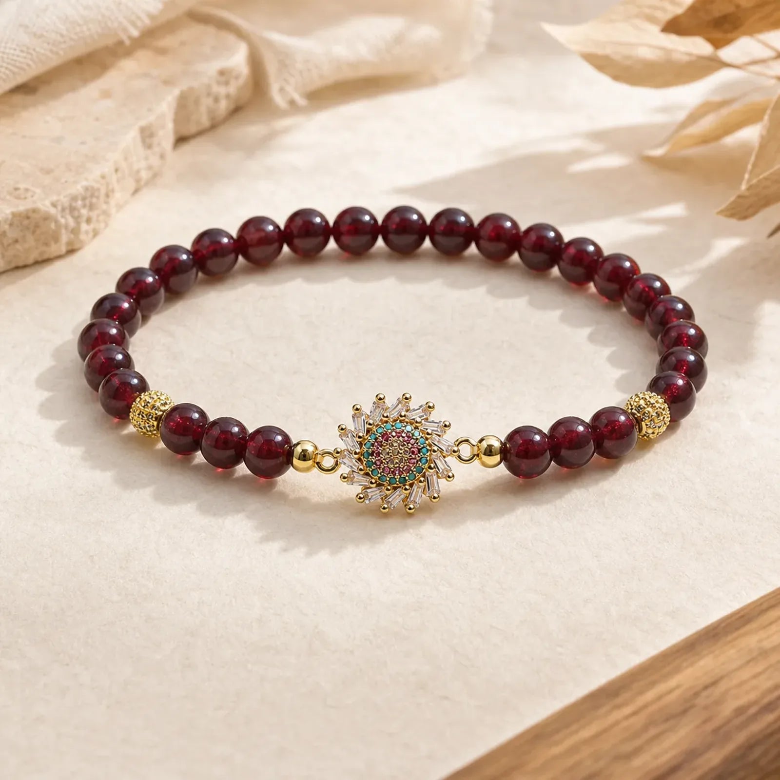 Natural Garnet Flower Zircon Bead Protection Bracelet featuring Garnet