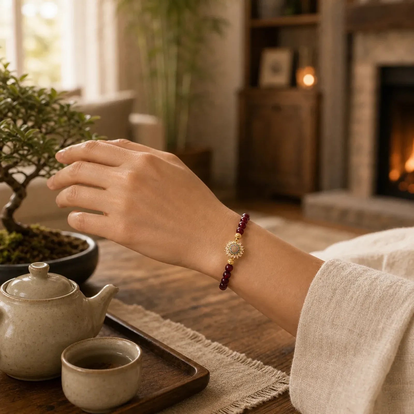 Natural Garnet Flower Zircon Bead Protection Bracelet featuring Garnet