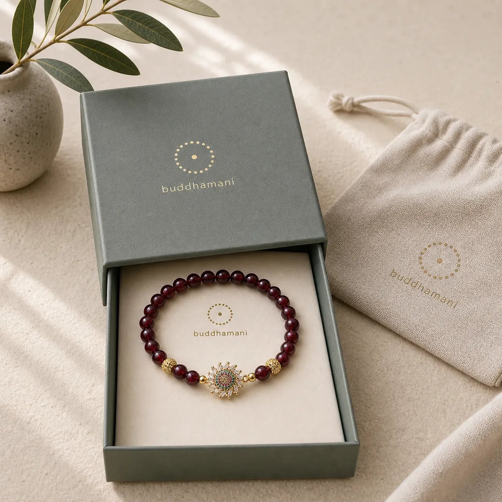 Natural Garnet Flower Zircon Bead Protection Bracelet featuring Garnet