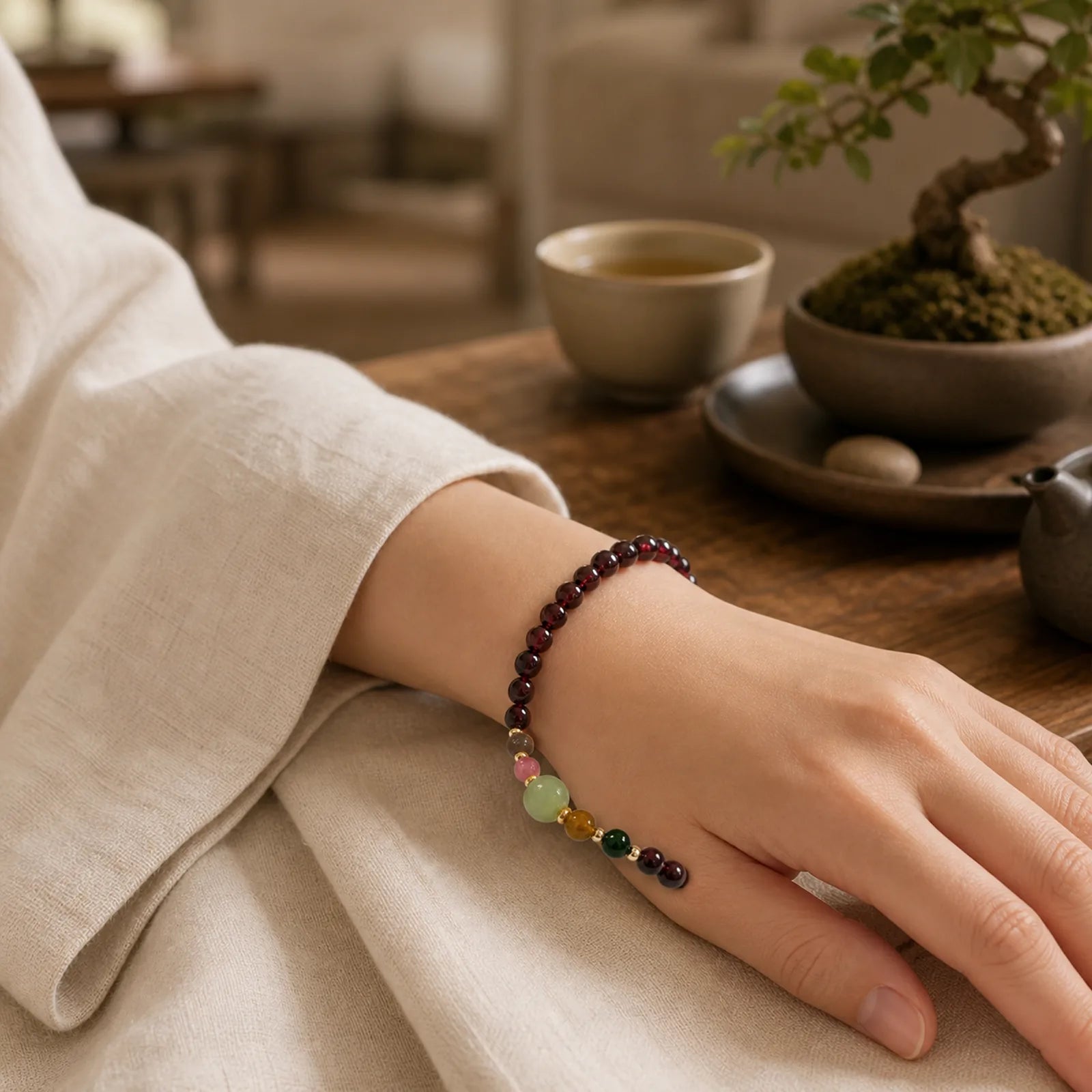 Natural Garnet Hetian Jade Tourmaline Bead Passion Bracelet featuring Garnet, Jade, Tourmaline