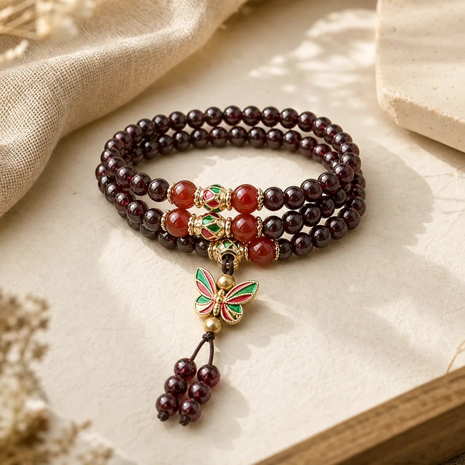 Natural Garnet Red Agate Colorful Butterfly Purification Calm Multi-layer Bracelet featuring Garnet, Red Agate, Butterfly