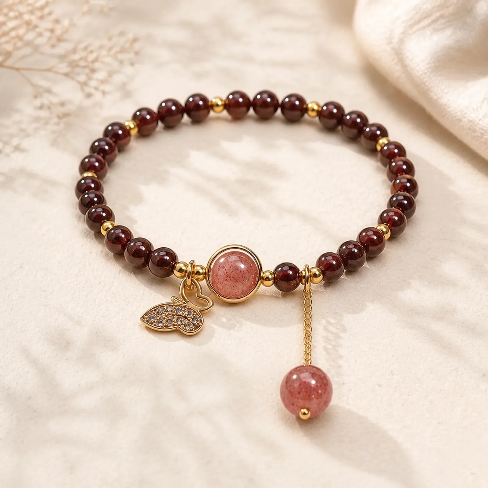 Natural Garnet Strawberry Quartz Butterfly Protection Bracelet featuring Garnet, Strawberry Quartz, Butterfly