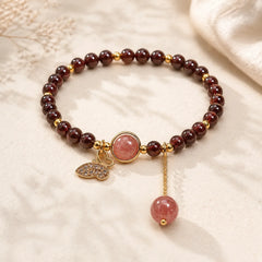 Natural Garnet Strawberry Quartz Butterfly Protection Bracelet featuring Garnet, Strawberry Quartz, Butterfly