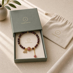 Natural Garnet Strawberry Quartz Butterfly Protection Bracelet featuring Garnet, Strawberry Quartz, Butterfly