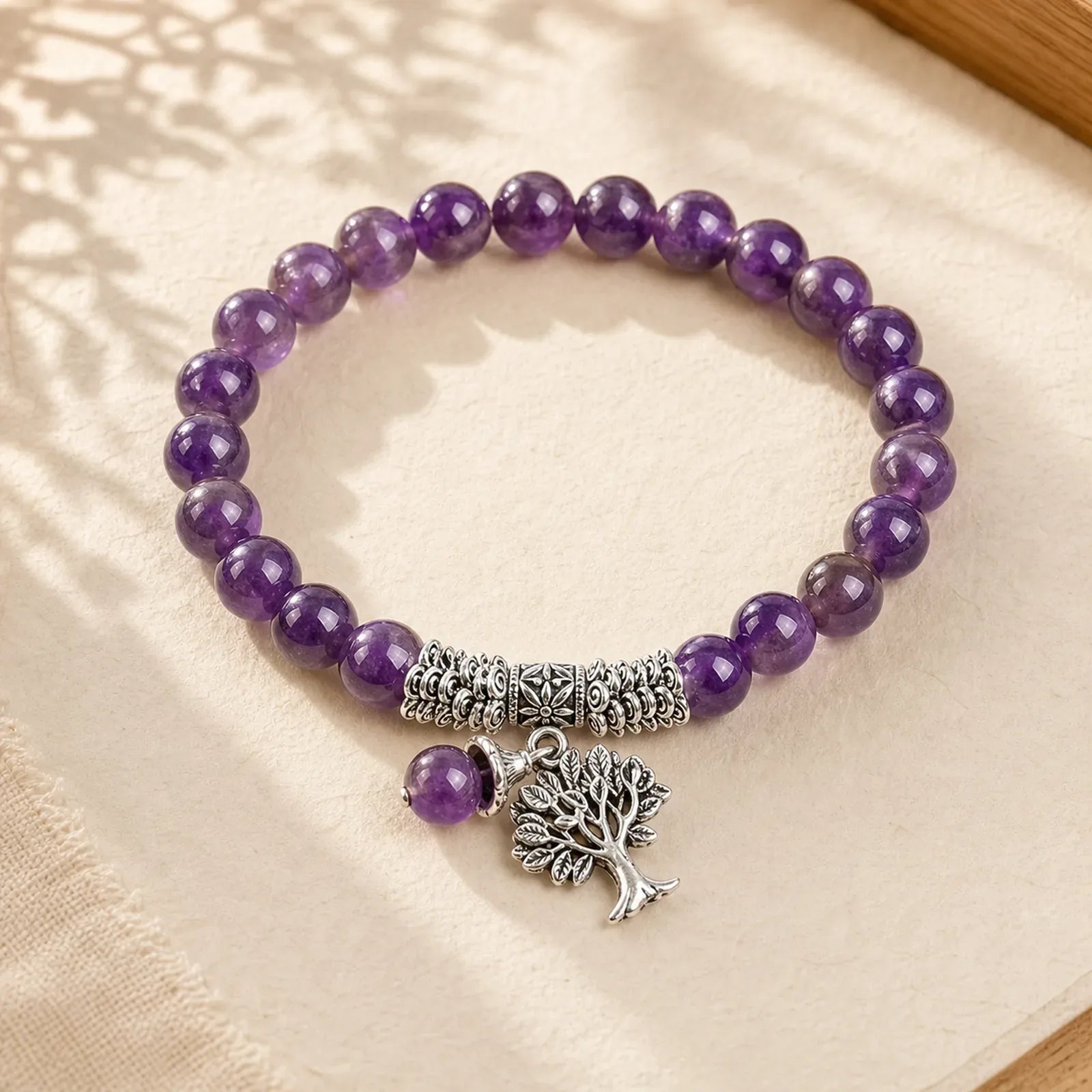 Natural Gemstone Tree of Life Lucky Charm Stretch Bracelet featuring The Tree of Life, Amethyst, Pink Crystal