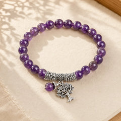 Natural Gemstone Tree of Life Lucky Charm Stretch Bracelet featuring The Tree of Life, Amethyst, Pink Crystal