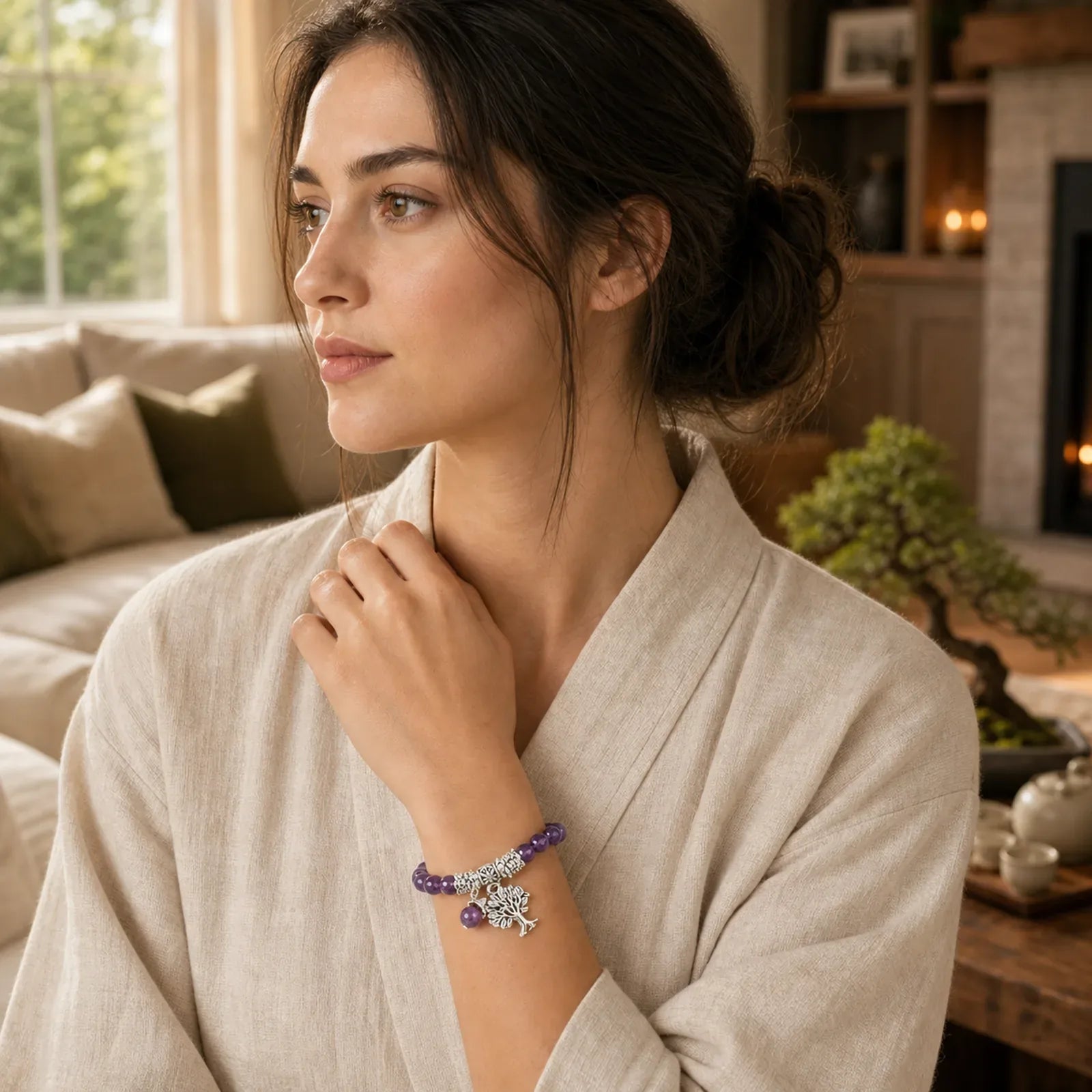 Natural Gemstone Tree of Life Lucky Charm Stretch Bracelet featuring The Tree of Life, Amethyst, Pink Crystal