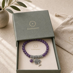 Natural Gemstone Tree of Life Lucky Charm Stretch Bracelet featuring The Tree of Life, Amethyst, Pink Crystal