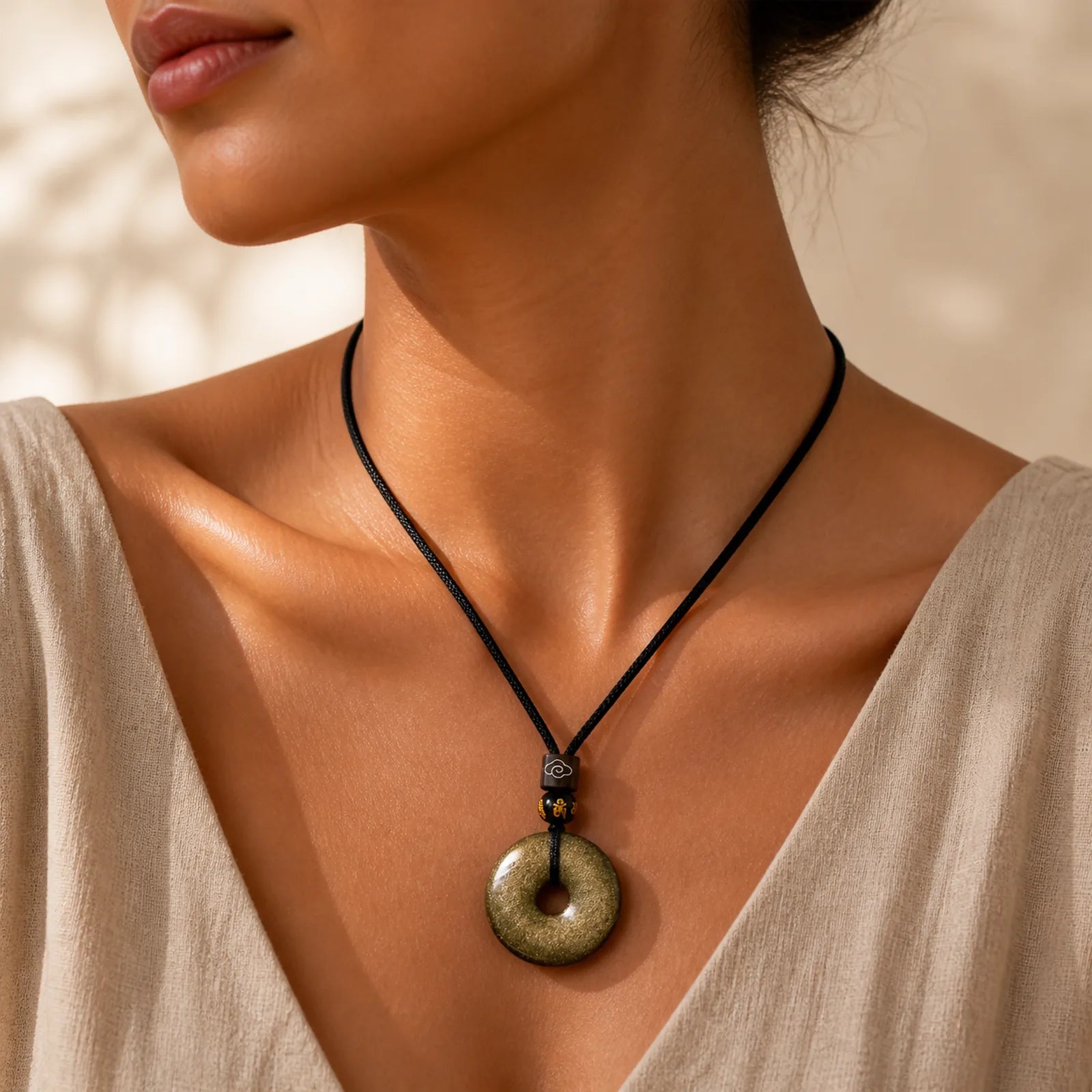 Natural Gold Sheen Obsidian Peace Buckle Strengthen Necklace Pendant featuring Gold Sheen Obsidian, Obsidian, Peace Buckle