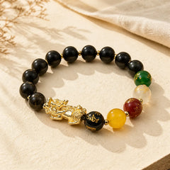 Natural Gold Sheen Obsidian PiXiu Five Directions Gods of Wealth Protection Bracelet featuring Gold Sheen Obsidian, Obsidian, Pixiu