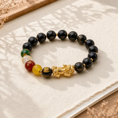 Natural Gold Sheen Obsidian PiXiu Five Directions Gods of Wealth Protection Bracelet featuring Gold Sheen Obsidian, Obsidian, Pixiu