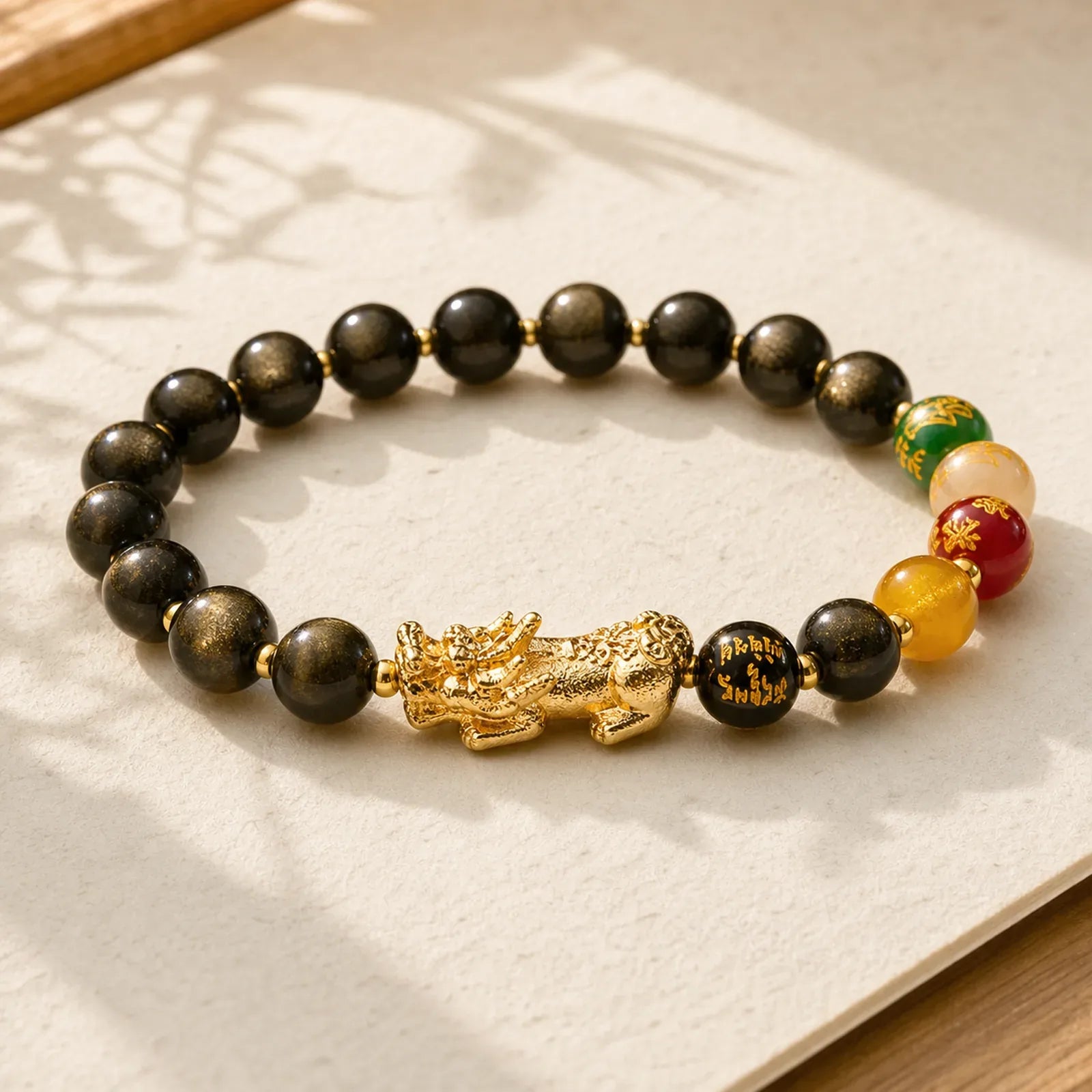 Natural Gold Sheen Obsidian PiXiu Five Directions Gods of Wealth Protection Bracelet featuring Gold Sheen Obsidian, Obsidian, Pixiu
