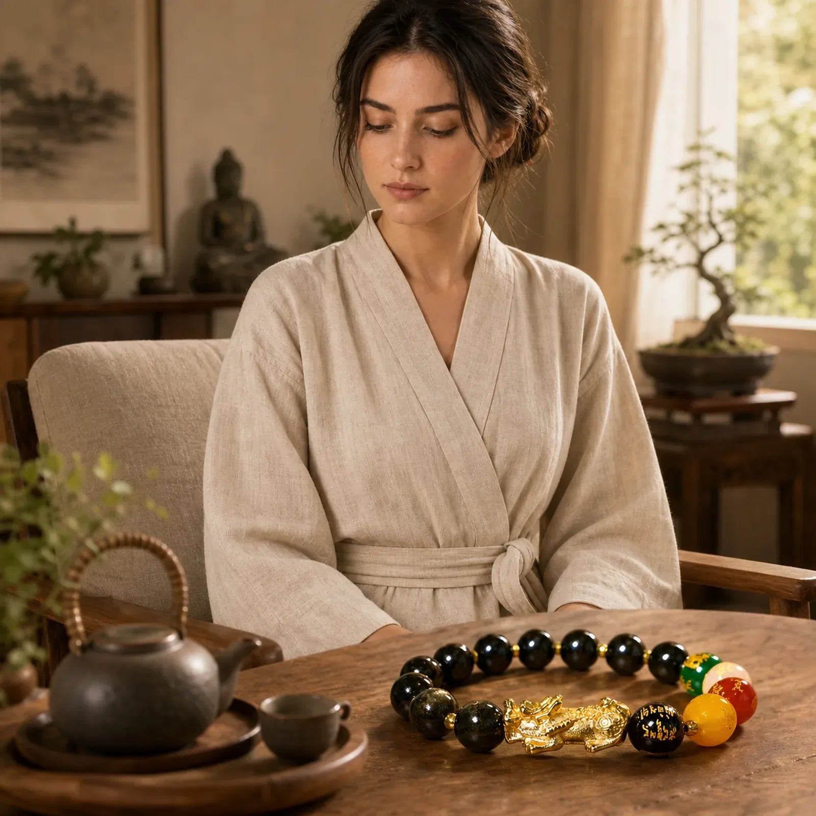 Natural Gold Sheen Obsidian PiXiu Five Directions Gods of Wealth Protection Bracelet featuring Gold Sheen Obsidian, Obsidian, Pixiu