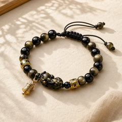 Natural Gold Sheen Obsidian PiXiu Om Mani Padme Hum Protection Rope Bracelet featuring Gold Sheen Obsidian, Obsidian, Pixiu
