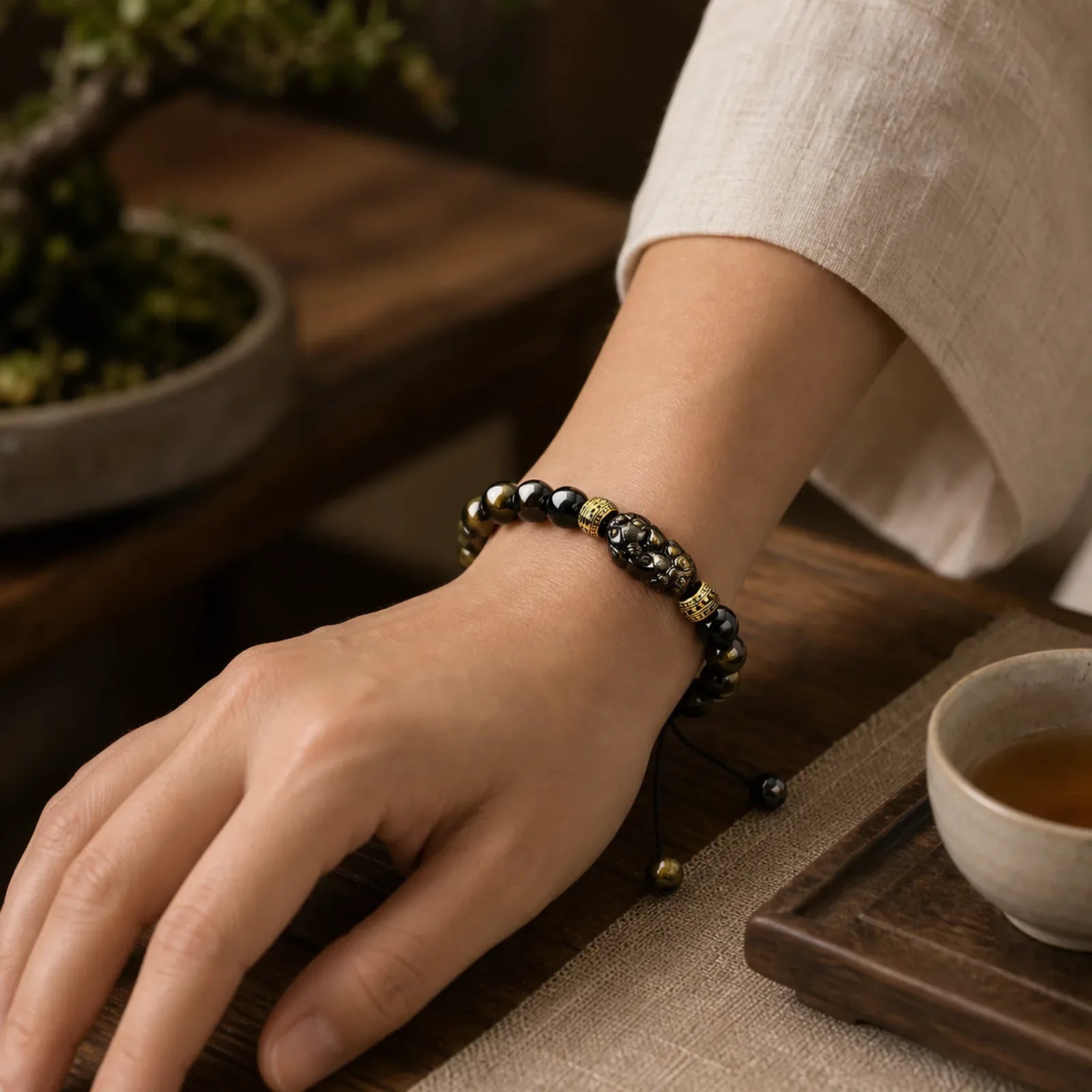 Natural Gold Sheen Obsidian PiXiu Om Mani Padme Hum Protection Rope Bracelet featuring Gold Sheen Obsidian, Obsidian, Pixiu