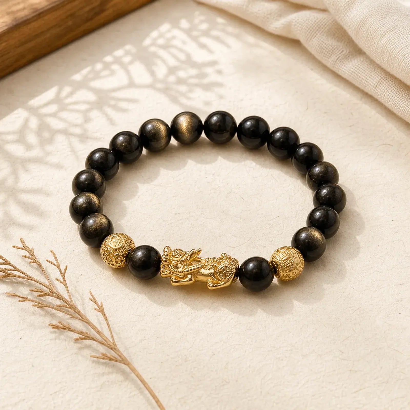 Natural Gold Sheen Obsidian PiXiu Om Mani Padme Hum Wealth Bracelet featuring Gold Sheen Obsidian, Obsidian, Pixiu