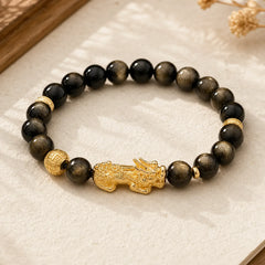 Natural Gold Sheen Obsidian PiXiu Om Mani Padme Hum Wealth Bracelet featuring Gold Sheen Obsidian, Obsidian, Pixiu