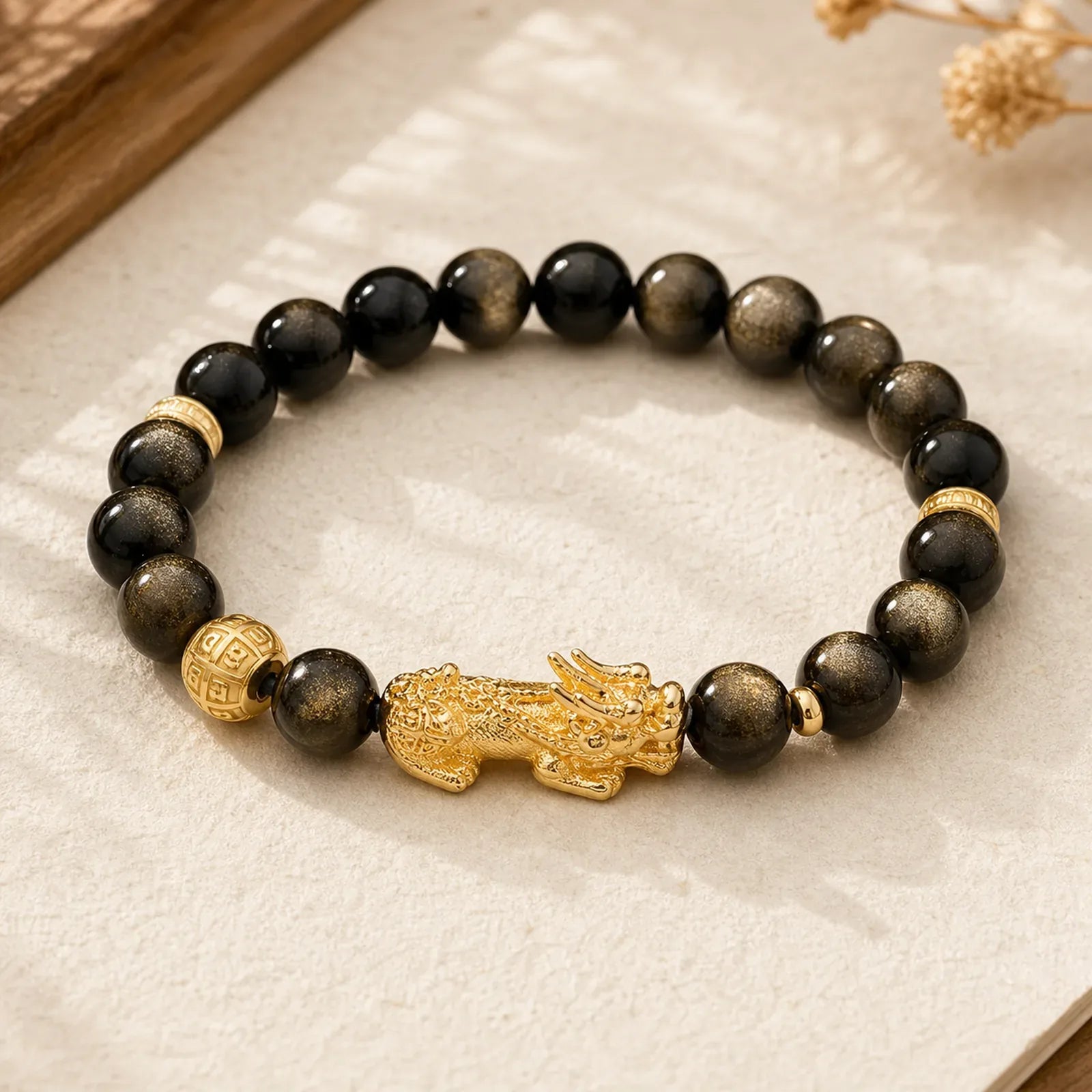 Natural Gold Sheen Obsidian PiXiu Om Mani Padme Hum Wealth Bracelet featuring Gold Sheen Obsidian, Obsidian, Pixiu