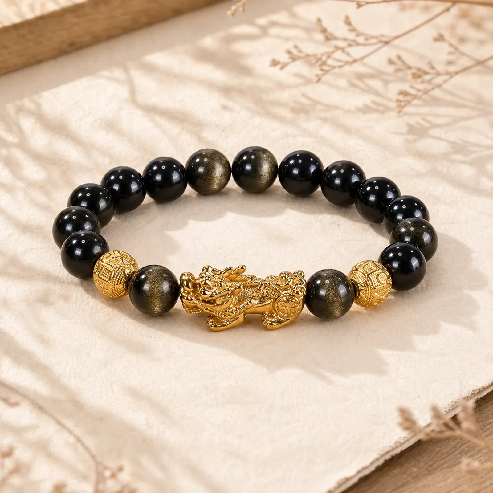 Natural Gold Sheen Obsidian PiXiu Om Mani Padme Hum Wealth Bracelet featuring Gold Sheen Obsidian, Obsidian, Pixiu