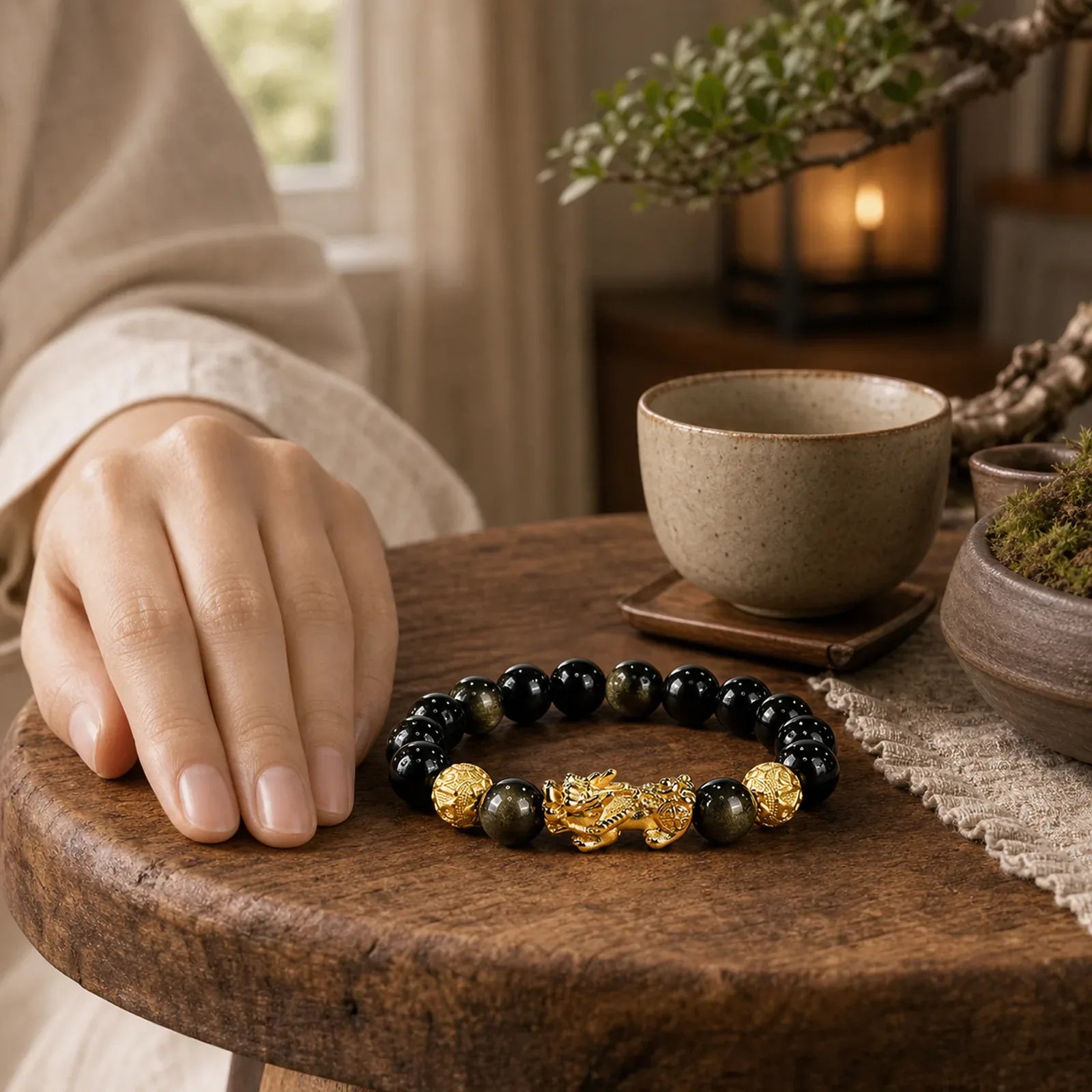 Natural Gold Sheen Obsidian PiXiu Om Mani Padme Hum Wealth Bracelet featuring Gold Sheen Obsidian, Obsidian, Pixiu