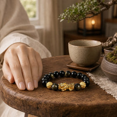 Natural Gold Sheen Obsidian PiXiu Om Mani Padme Hum Wealth Bracelet featuring Gold Sheen Obsidian, Obsidian, Pixiu